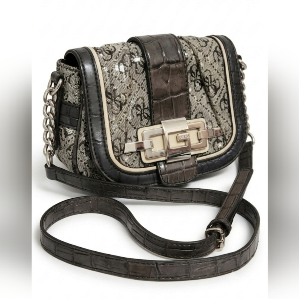 Vintage GUESS Gray and Black Monogram Sequin Mini Crossbody Bag